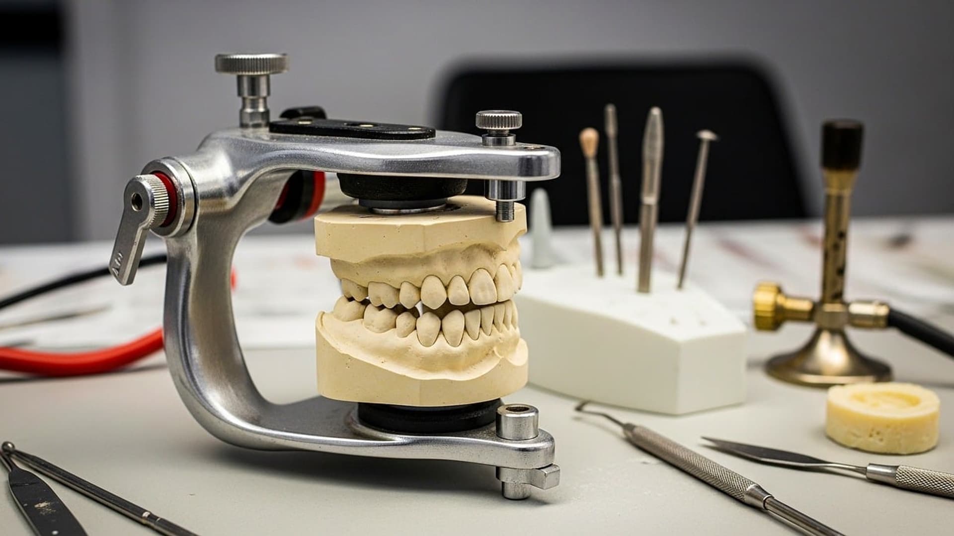 Dental articulator holding a plaster model of teeth