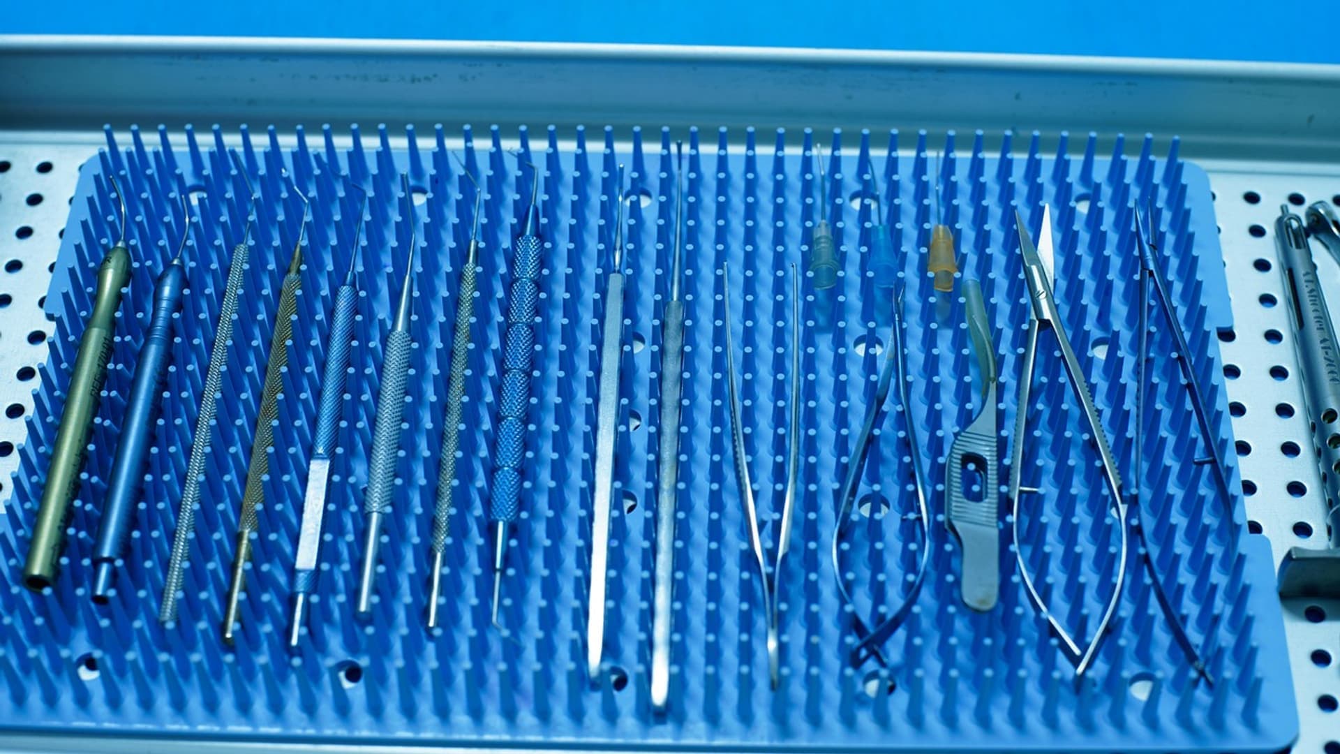 Sterile surgical instruments laid out on a tray