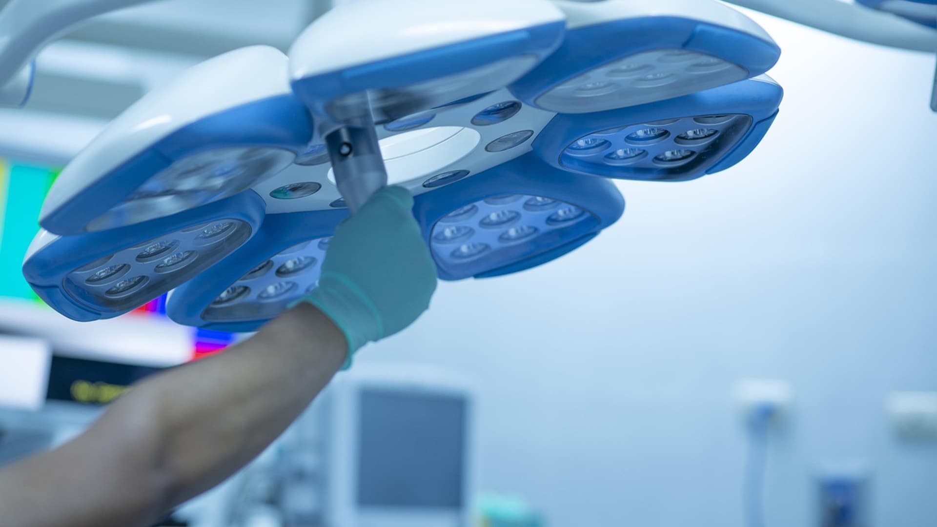 Operating theatre lights above a surgical table